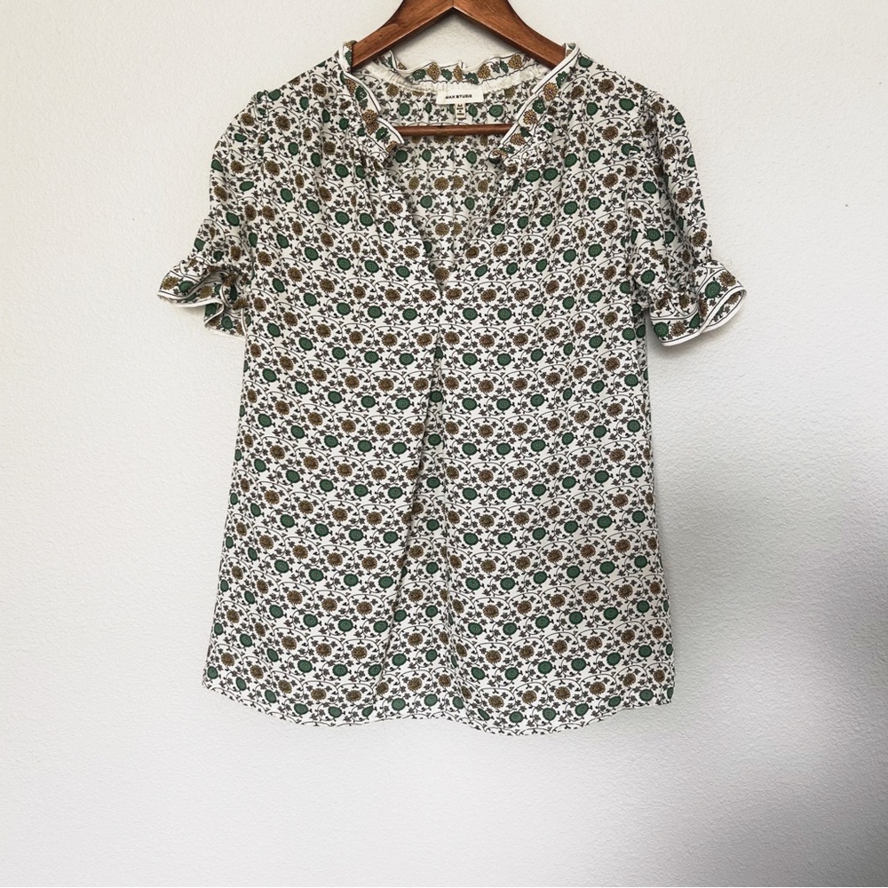 🌿 Max Studio Boho Floral Blouse Green Yellow Flowers V NeckLine